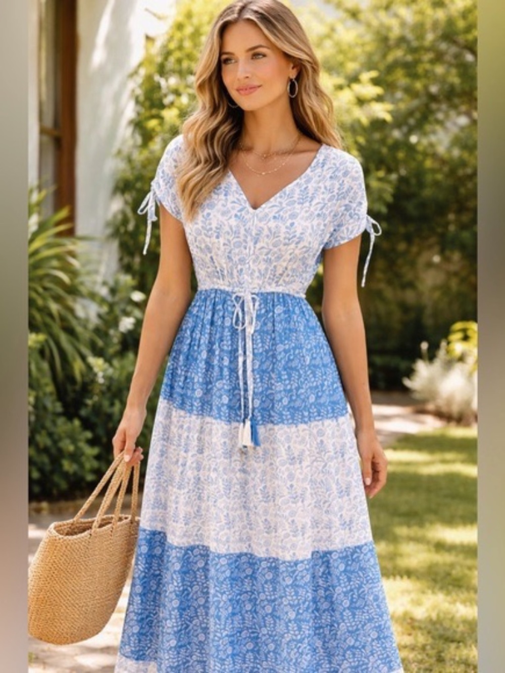 NWT World Market Blue and White Floral Print Kaftan Dress $40
